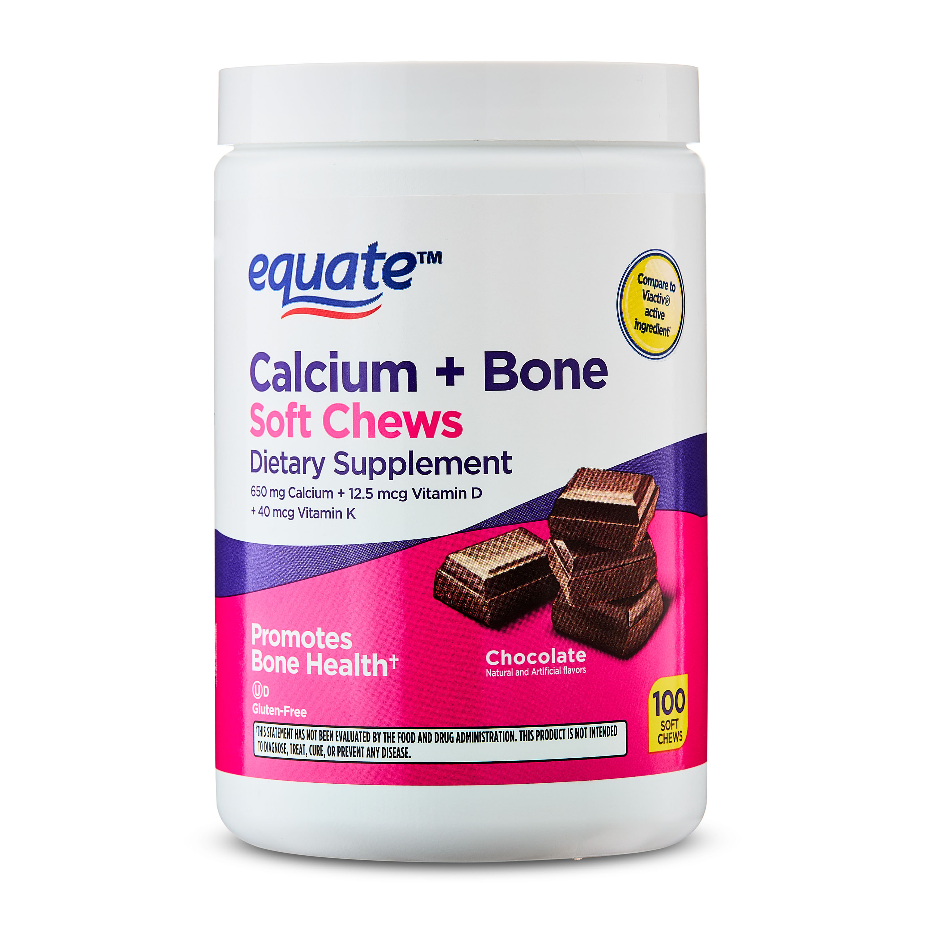 Equate Calcium + Vitamin D Bone Health Joint Supplement Chews, 600mg, Milk Chocolate, 100 Count - Compare to Viactiv Active Ingredient