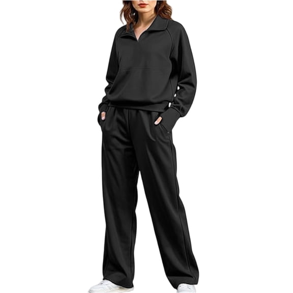Fgvctg Lounge Sets for Women 2 Piece Tracksuits Set Half Zip Sweatshirt Fleece Wide Leg Sweatpant Fall Cozy Jogger Lounge Sweatsuits with Pockets Black M