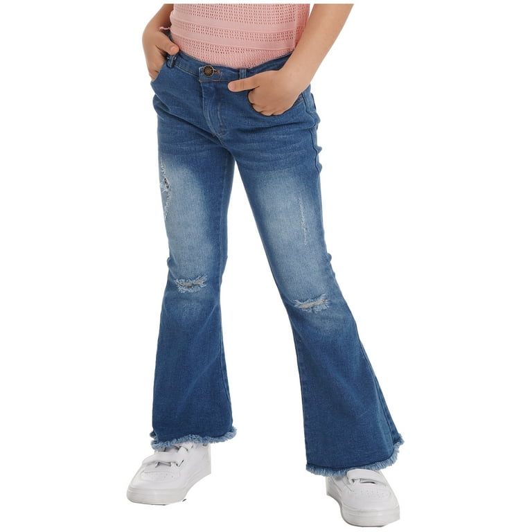 inhzoy Girls Bell Bottom Ripped Jeans Kids Bell-Bottoms Ruffle Trousers  Dark Blue 6 