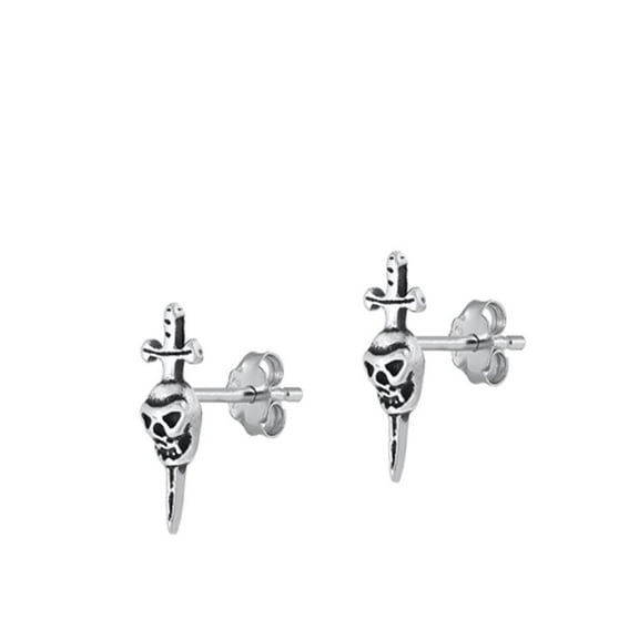 Sterling Silver Creepy Skull Dagger Oxidized High Polished Earrings 925 Jewelry Female Unisex