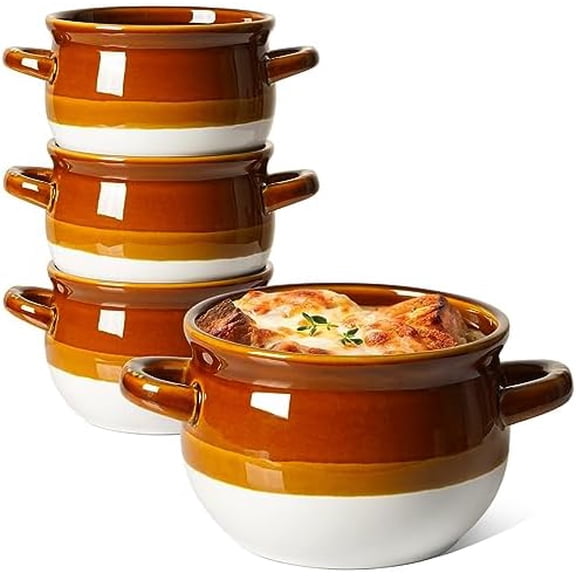 French Onion Soup Bowls with Handles, 16 Oz Ceramic French Onion Soup Crocks Oven Safe Serving Bowls for Soup, Chili, Beef Stew, Cereal, Pot Pies, Set of 4
