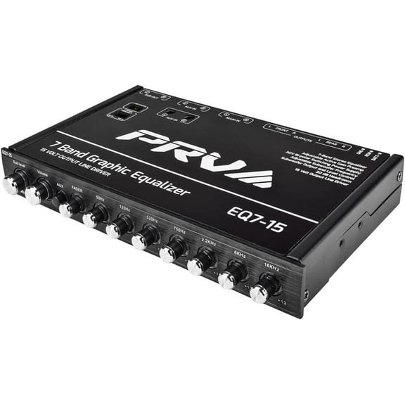 PRV AUDIO EQ7-15 7 Band Graphic Equalizer 15 Volt RCA Line-Level Output with Fader and Subwoofer Level Control for Car Audio