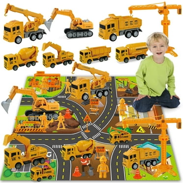 Jiakora Construction Vehicle Toy Set, 38Pcs, with Play Mat, Construction Worker, Road Signs, Dump Trucks, Excavator, Cement Mixer Trucks, Crane, Toy Gift for Age 3-9 Kids Boys & Girls