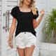 thumbnail image 3 of Camiseta de Mujer Cuello Cuadrado Color Puro Volantes Manga Corta Blusa Superior para Viajes de Verano Negro XL, 3 of 6