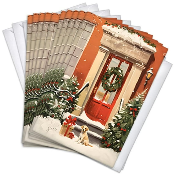 Doorstep Dog Scene Traditional Holiday Greeting Cards | 10 Pack Bulk Set (4x6)