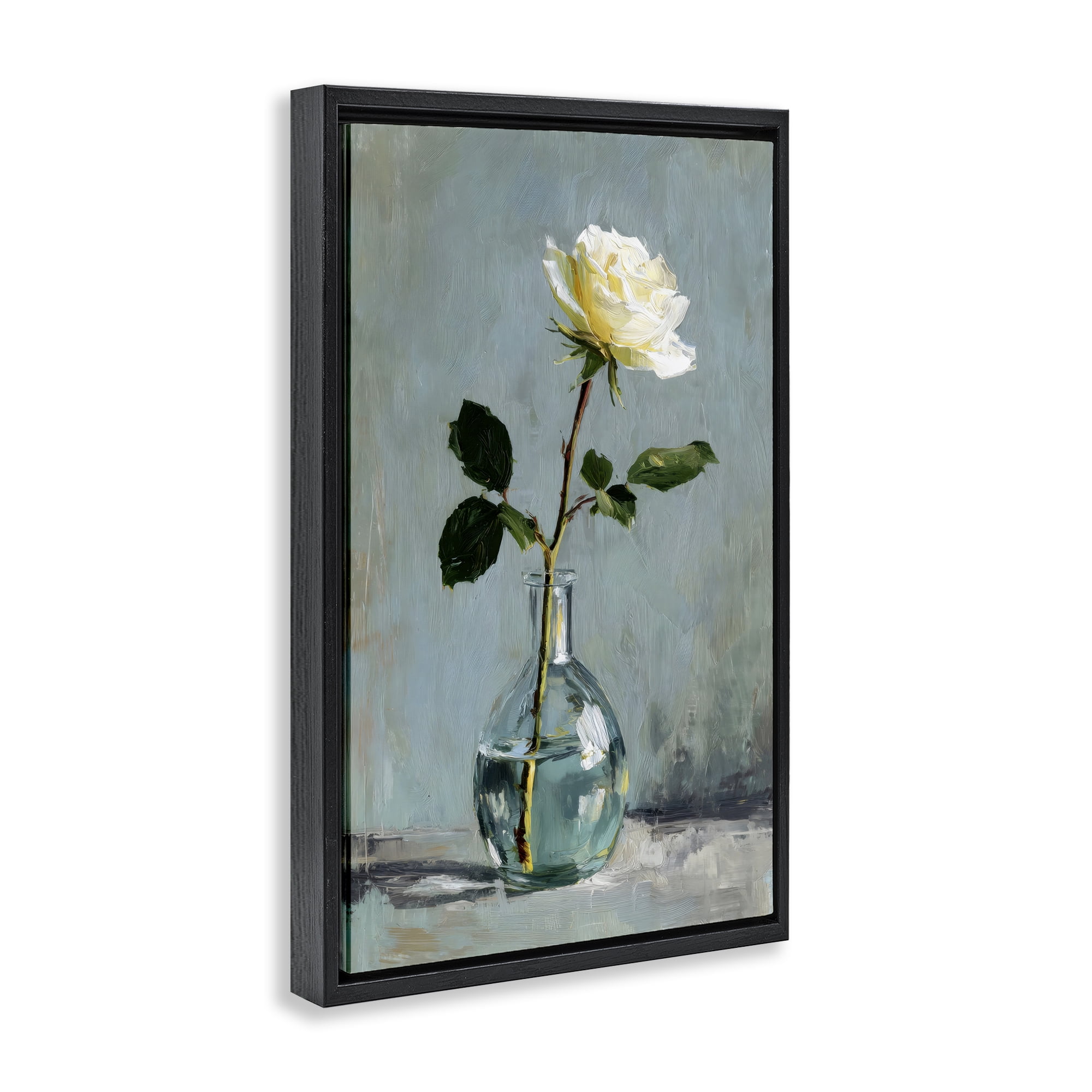 Stupell Industries Sweet White Rose in Vase Black Framed Floater Canvas Wall Art, design by Petal Prints Design