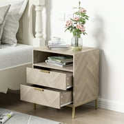 Industrial Small Accent Side Table with Drawer, Open Shelf, Herringbone Pattern Wooden Storage Cabinet, Oak H0103
