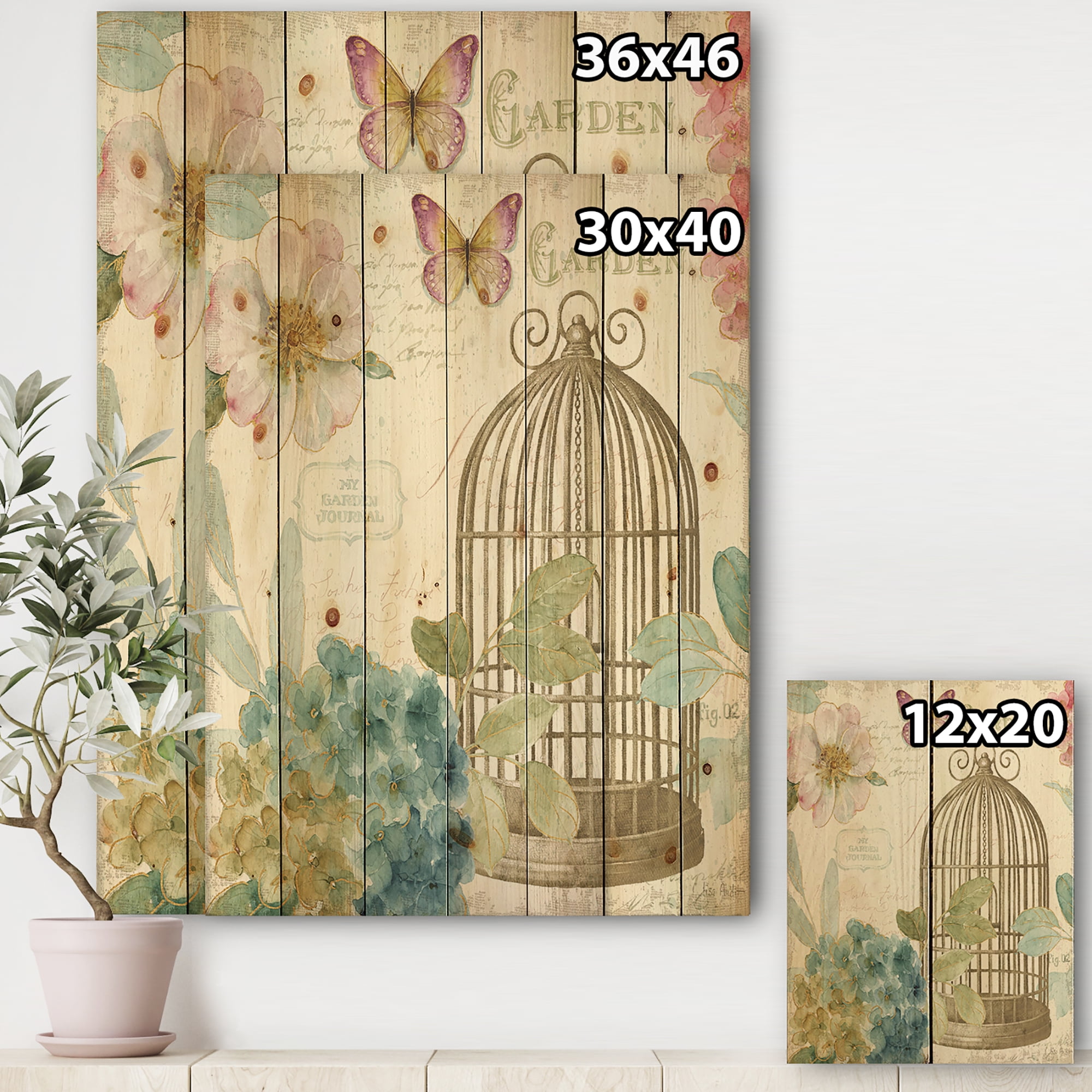 Designart 'Traditional Floral Birdcage II' Traditional Print on Natural Pine Wood