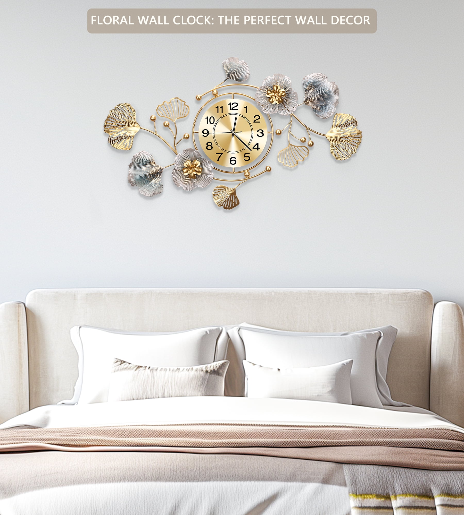 33"Large Wall Clock – 3D Metal Ginkgo Leaf Decorative Wall Clock, Non-Ticking Wall Clocks Battery Operated, Modern Clocks for Living Room, Gift-Ready for Home or Office
