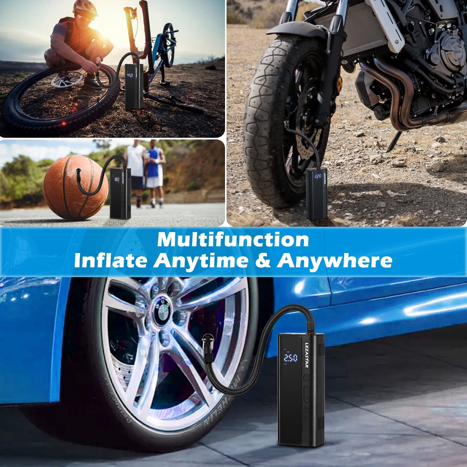 Tire Inflator Portable Air Compressor for Car,150 PSI/8000mAh Power Battery Pack with Cordless Car Air Pump, Mini Tire Pump & LED Display for Car/Motor/Bike/Ball/Swim Ring