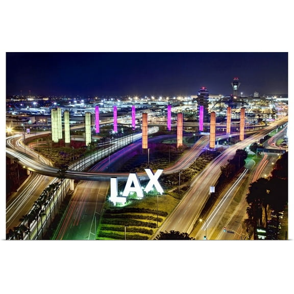 Great BIG Canvas | Rolled Scott Stulberg Poster Print entitled View with neon lights from above LAX Airport, Los Angeles, California