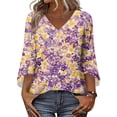 thumbnail image 5 of Delconic Womens V Neck Three Quarter Sleeve Floral Print Casual Loose Fit T Shirt Top Lightweight Soft Fabric Blouse for Daily Wear Office Travel Purple 2XL, 5 of 7