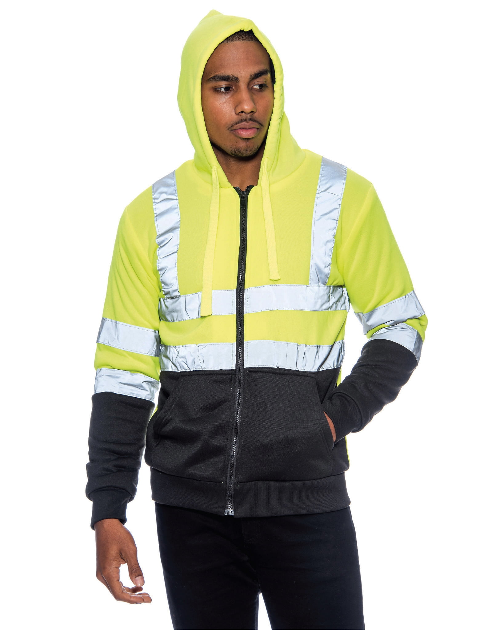Mens Hi Viz Vis Visibility Work Hooded Sweatshirt Reflective Zip Up Coat Jacket 