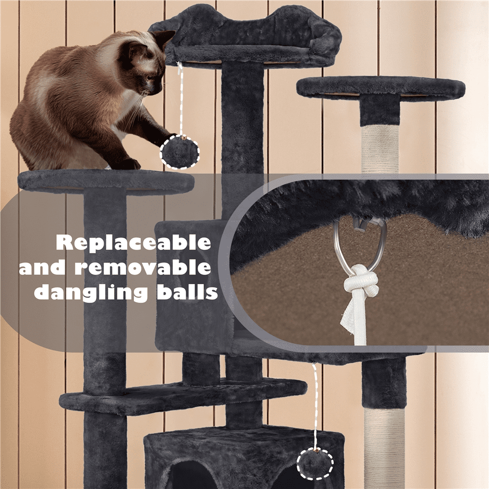 Yaheetech 53.9" H Cat Tree with Double Condos, Scratching Posts & Ramp, Black