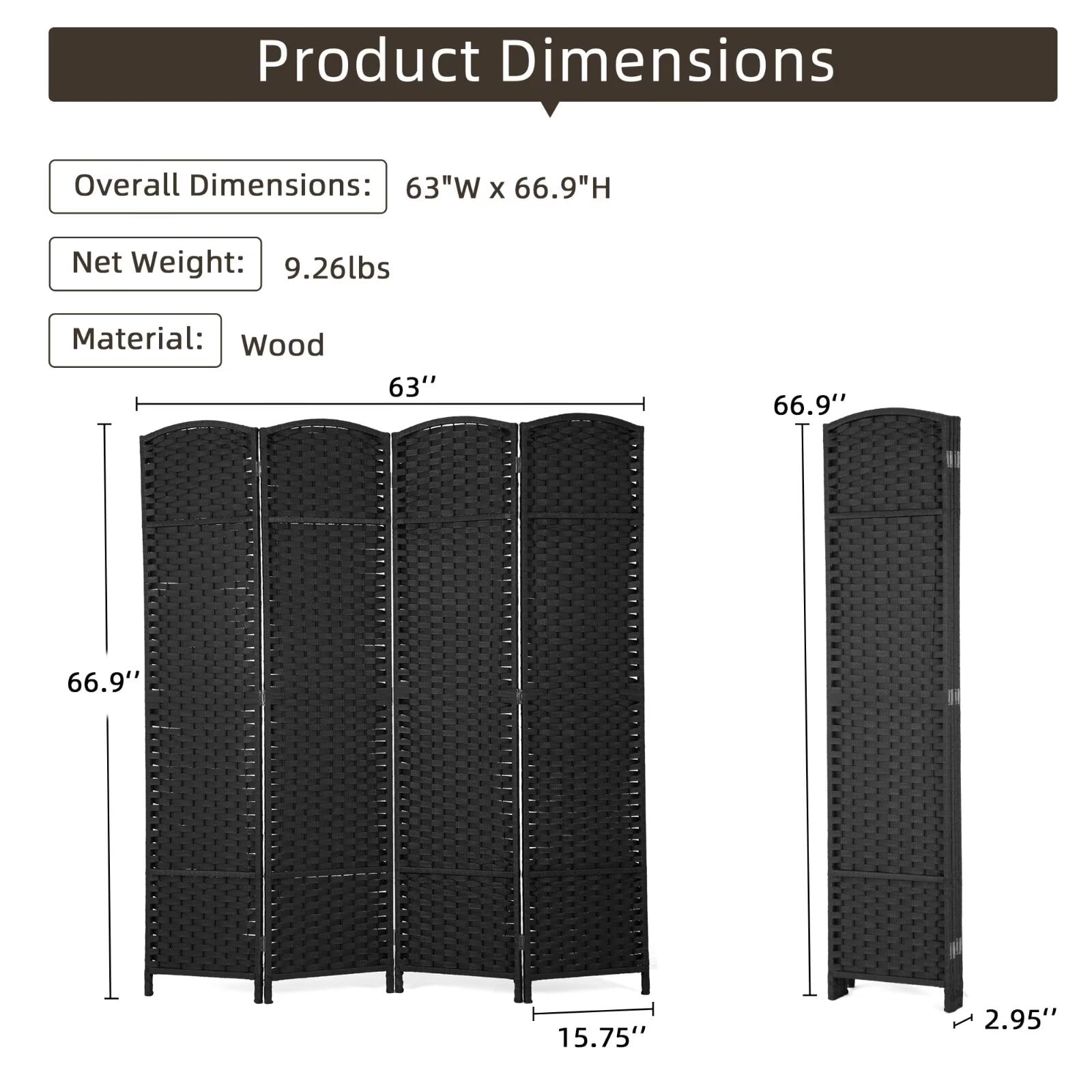 YRLLENSDAN 4 Panels Folding Portable Room Dividers, Free Standing Indoor and Outdoor Privacy Screens for Patio, 66.9 Inches Tall Chinese Wall Divider for Room Separation, Black