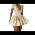 thumbnail image 3 of Vestido de Mujer con Escote en V, Estampado, Ajustado, Abullonada, Cordón Ajustable, Amarillo, Talla L, 3 of 10