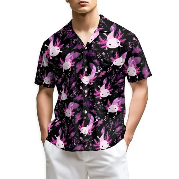 Netecom Funny Axolotl Hawaiian Shirt for Men, Cartoon Amphibian Style, Tropical Summer Beach Button Down Short Sleeve Shirts, S-5XL