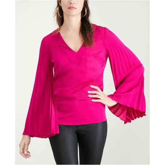 Trina Turk Womens Almande Pleated Sleeve Pullover Blouse, Pink, X-Small