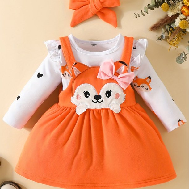 New Baby Girl Fox Pattern Long-sleeved Suspender Skirt Outfit