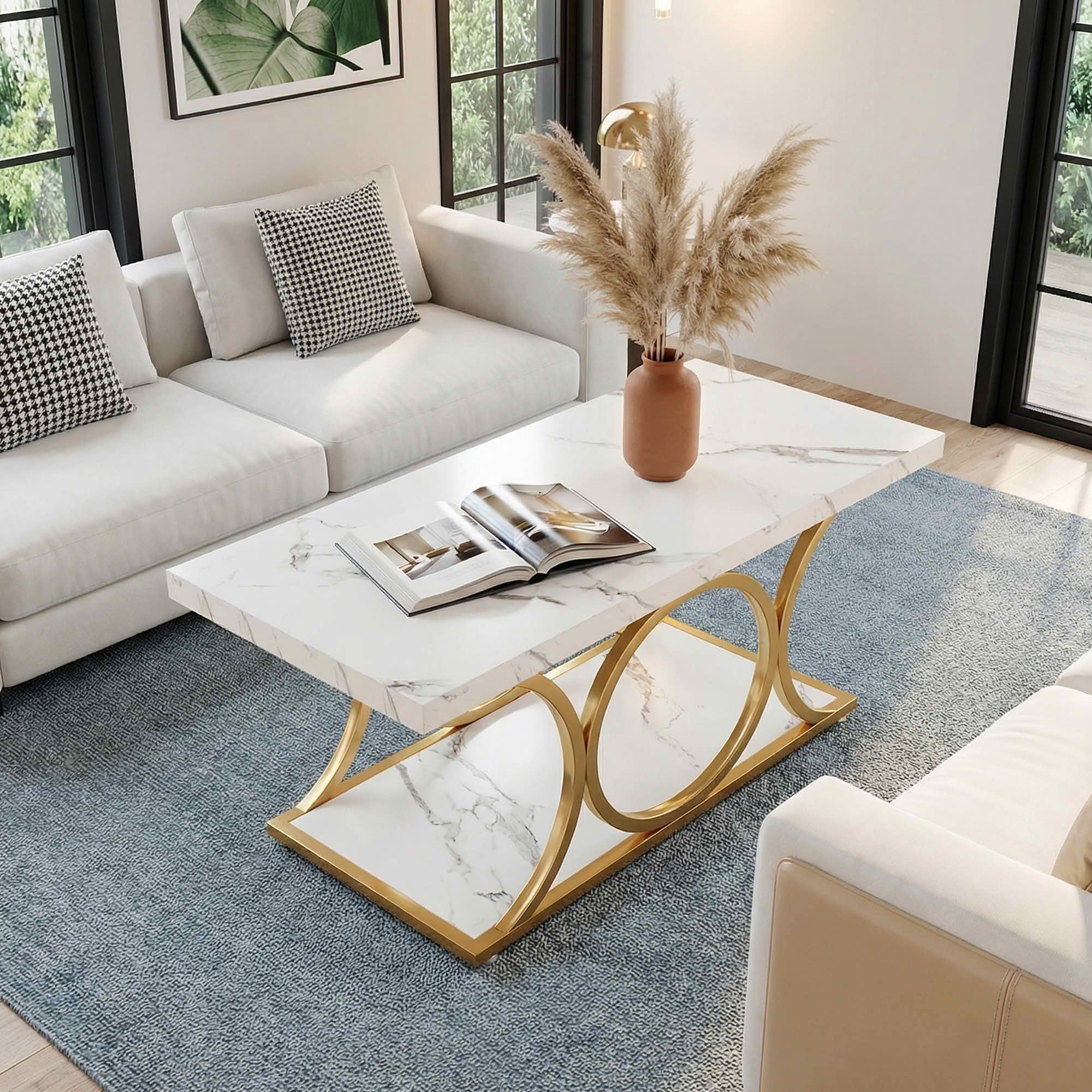 MAYEERTY 47.24" 2-Tier Rectangular Coffee Table, White Faux Marble E1 Particle Board Gold Metal Leg Storage Center Table for Living Room Studio Apartment