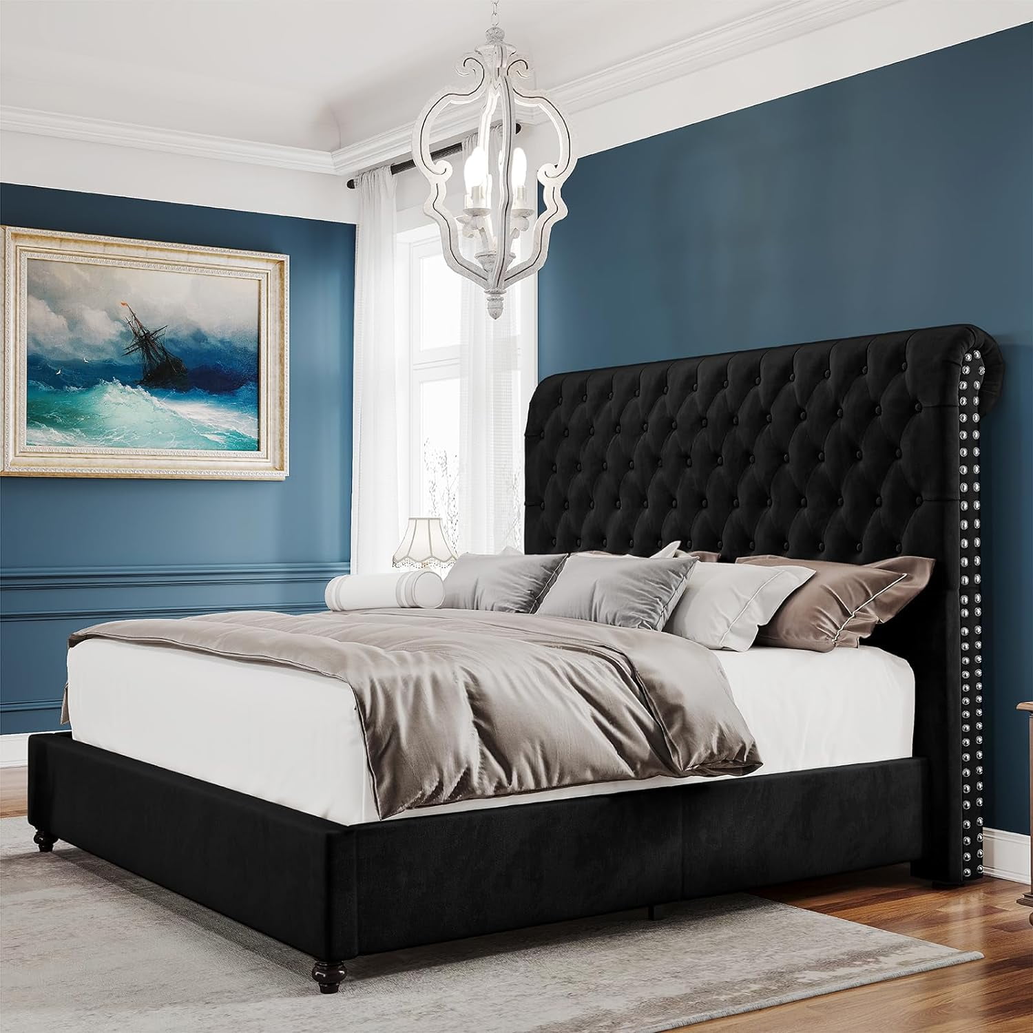 PaPaJet Platform Bed Frame Queen Size Velvet Upholstered Sleigh Bed Deep Button Rolled Edge Tufted Headboard, Wood Slats Support/No Box Spring Needed/Easy Assembly/Black
