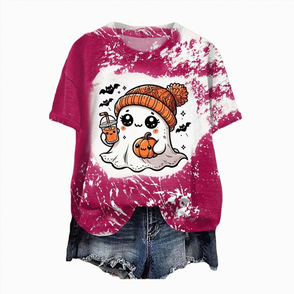 Leey-World Halloween Shirt Women Bloody Shirt for Women Funny Crew Neck Short Sleeve Halloween Blood Clothes Gift Blood Splatter Top(Hot Pink,L)