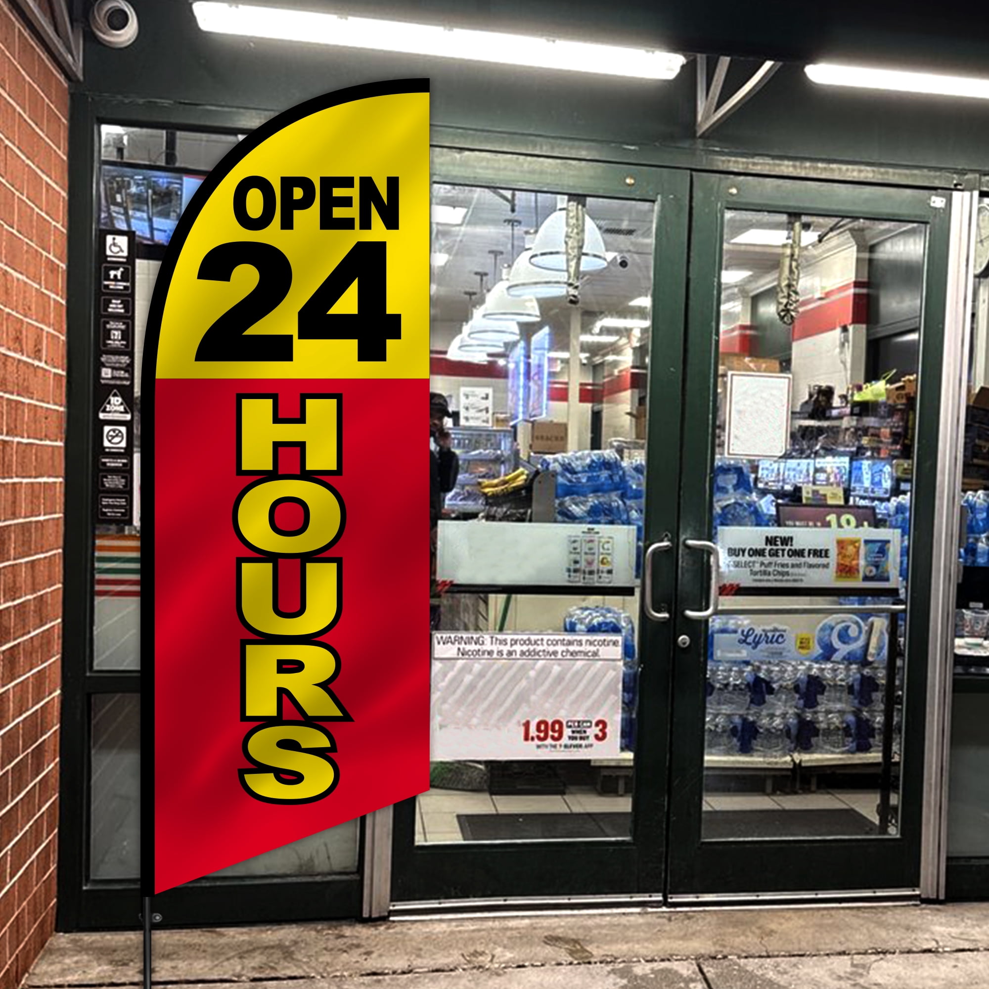 Anley 7.5 FT Open 24 Hours Feather Flag Banner Kit - Outdoor Swooper Advertising Flags with Pole and Stake - Business Hours Sign for Stores, Restaurants, Gas Stations - Weather Resistant & Easy Setup