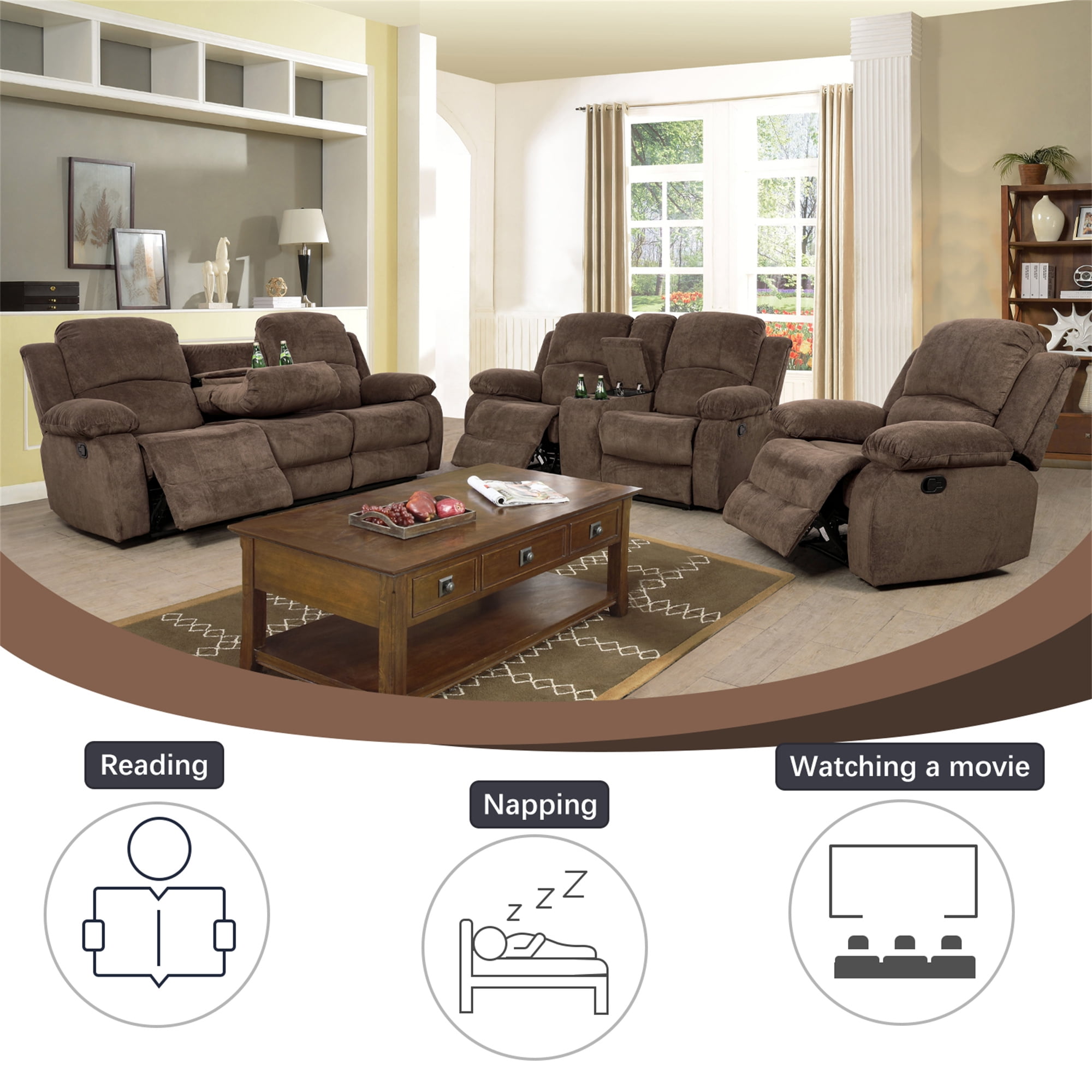 Aukfa Double Manual Recliner Chair, Overstuffed Loveseat with Cupholder for Living Room, Brown