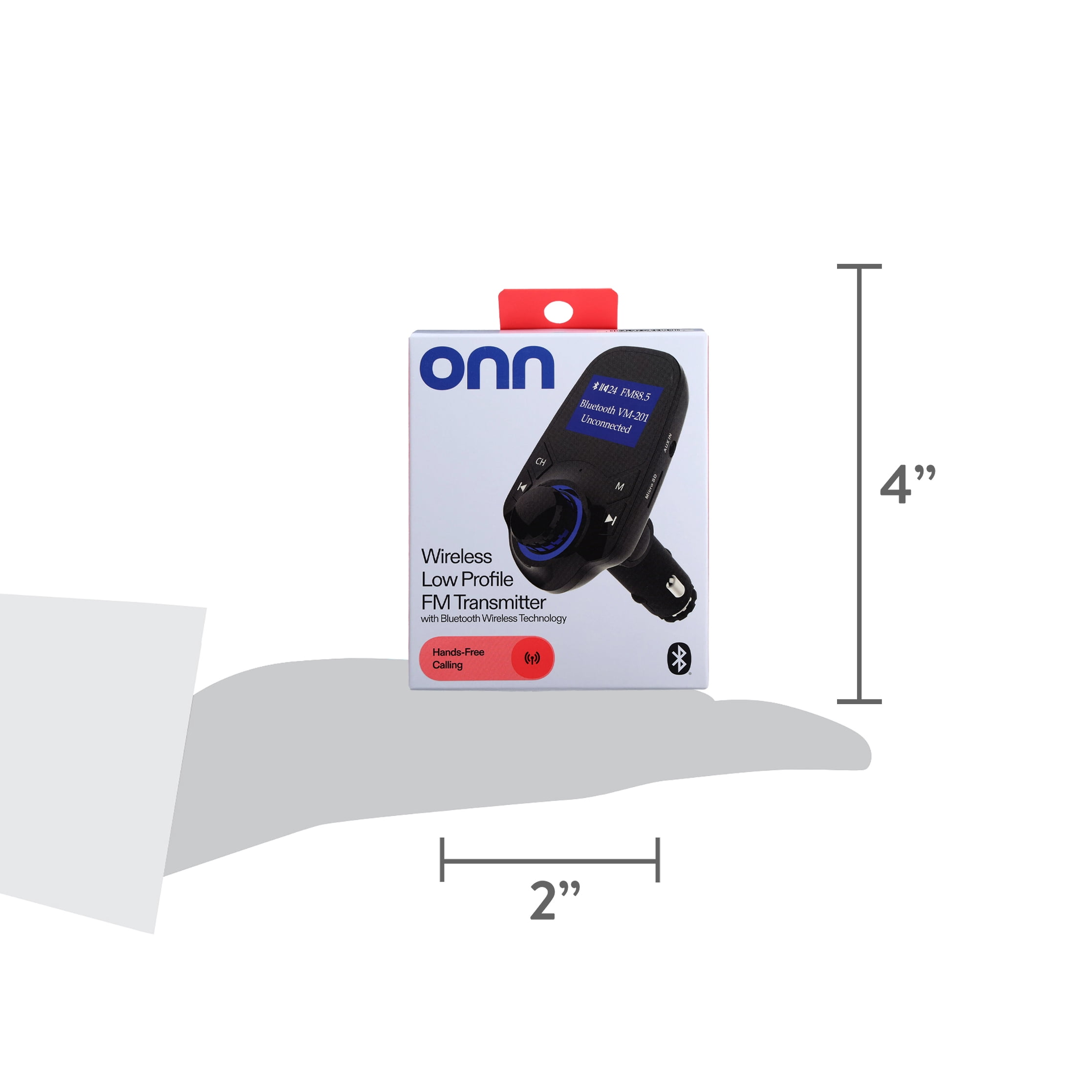 Onn Low Profile Bluetooth FM Transmitter, Hands-free Calls, Compatible with Smartphones, 8x5x10CM,66g