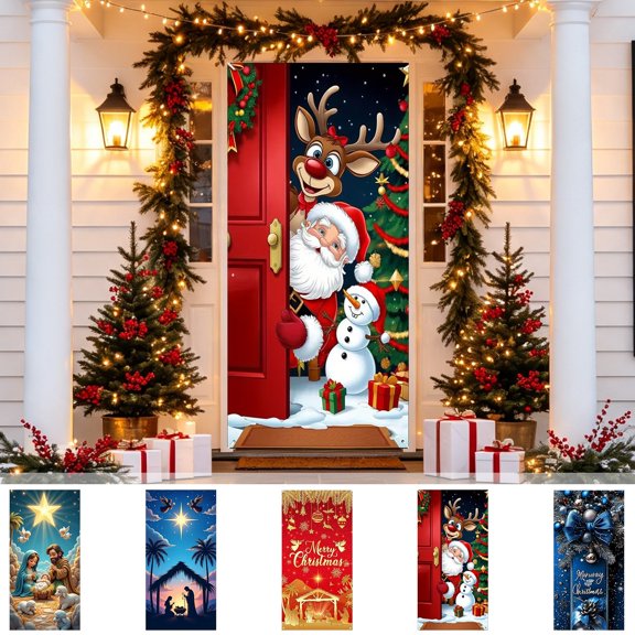 Ouuluon Festive Christmas Door Curtain, 35X71 inch Hanging Cover for Front Door Wall Holiday Party Decoration