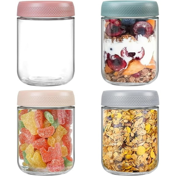 4 pack 16 oz Overnight Oats Containers with Lids, Glass jars with Airtight Lids, Wide mouth Mason Salad jars, Glass Food Storage Containers for Snacks Yogurt Spice Sugar