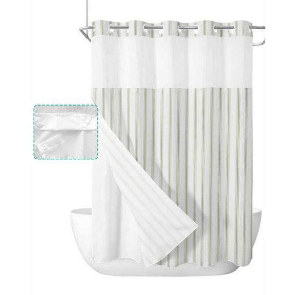 No Hook Shower Curtain with Snap in Liner, White and Sage Green Striped Geometric Hotel Shower Curtains for Bathroom, Washable Shower Curtain Liner Set with Mesh Top Window, 48"x72"