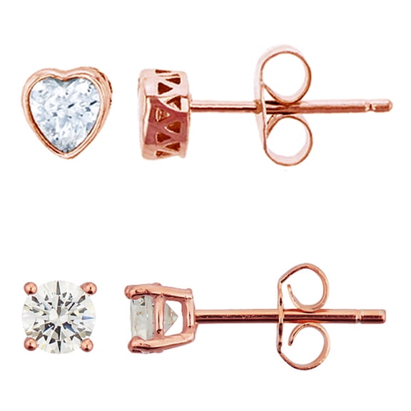 Decadence Sterling Silver Rose 4mm Round Solitaire & 5MM Heart Stud Set