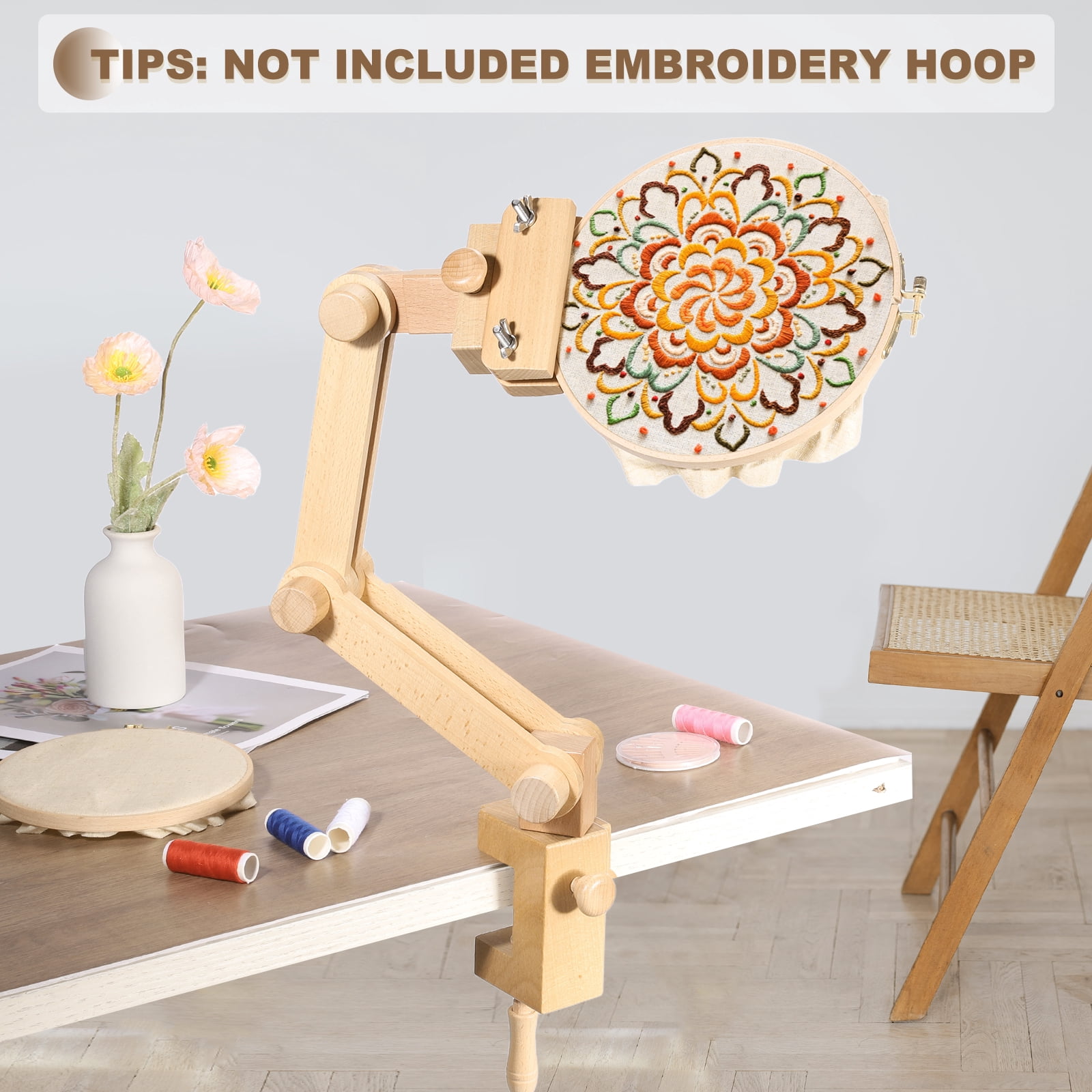 Uxcell Embroidery Hoop Stand, Adjustable Beech Wood Cross Stitch Stand Holder for DIY Art Craft, Sewing, Needlework Projects