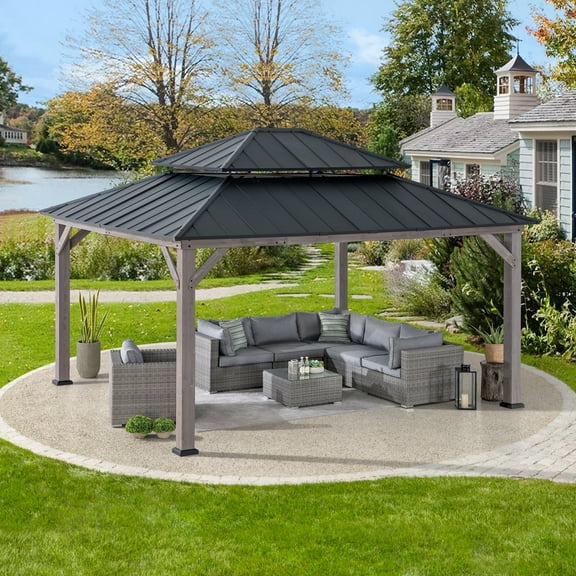 Sunjoy Archwood 13 ft. x 15 ft. Cedar Framed Hard Top Gazebo with Black Steel 2-tier Hip Roof