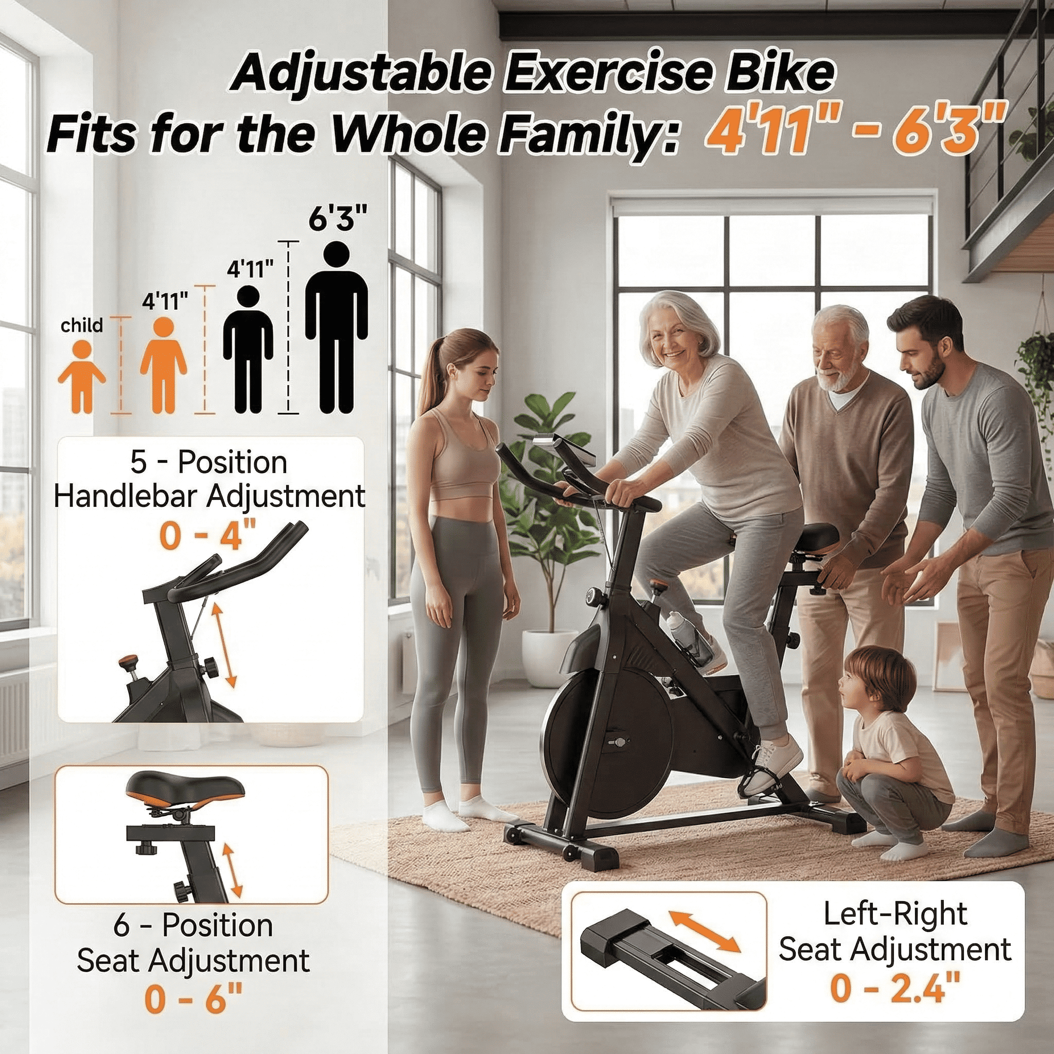 USLIM Indoor Cycling Bike for Home, Silent Belt-Drive Stationary Exercise Bike with Adjustable Seat and Handlebars, 330 lb Capacity, Black