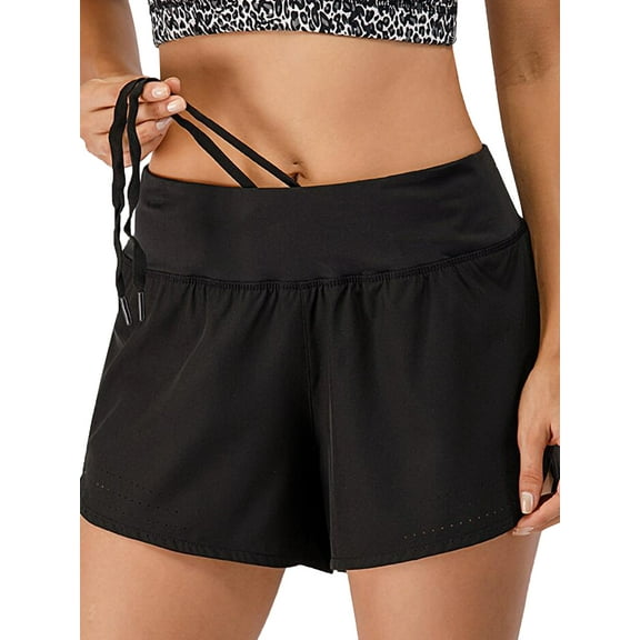 Womens Running Shorts Drawstring Yoga Gym Athletic Shorts with Pockets, Black, Small