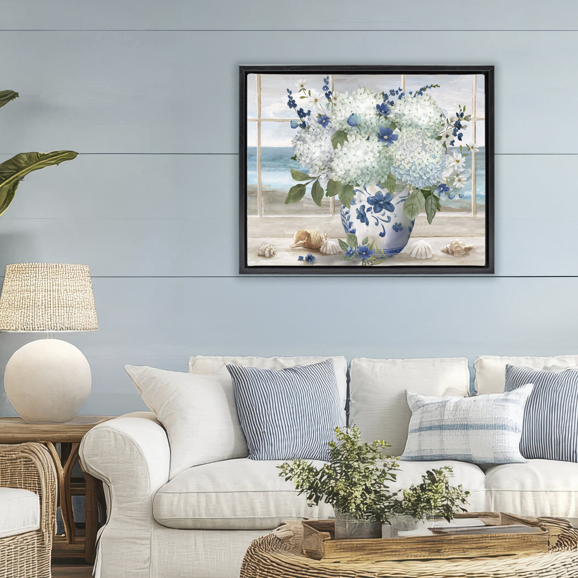 Stupell Industries Seaside Hydrangea Bouquet in Window Black Framed Floater Canvas Wall Art, design by Nan