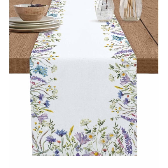 ERUNPONLY Purple Lavender Table Runner - 72 Inch Long Spring Pastoral Wildflowers Botanical Cotton and Linen Blended Dress Scarves Farmhouse Table Runner for Kitchen Dining, Coffee Table, 16"x72"