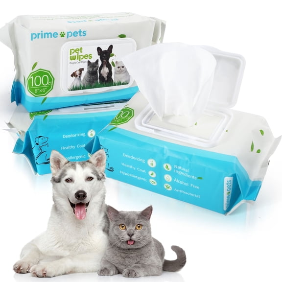 Prime Pets 300 Count Dogs Cats Grooming Wipes, Pet Cleaning Deodorizing Wipes,100CT per Pack