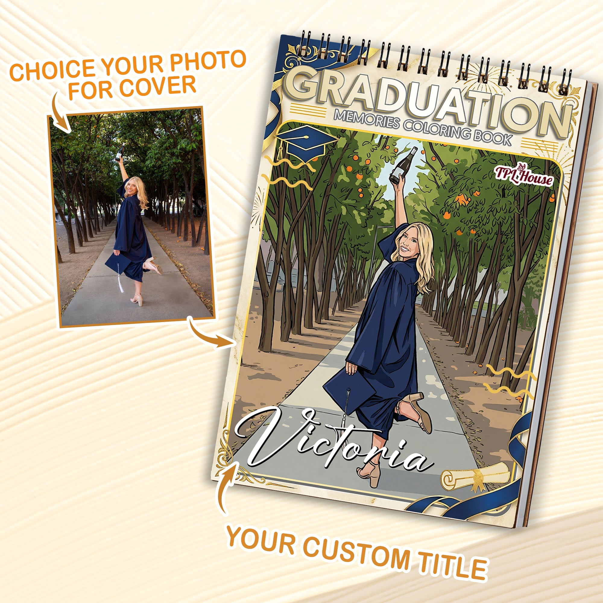 Personalized Graduation Coloring Book for Adults, Custom Coloring Pages from Your Graduation Photos, 12–48 Pages, Class of 2026 Gifts, Premium Wooden Cover, Spiral Binding
