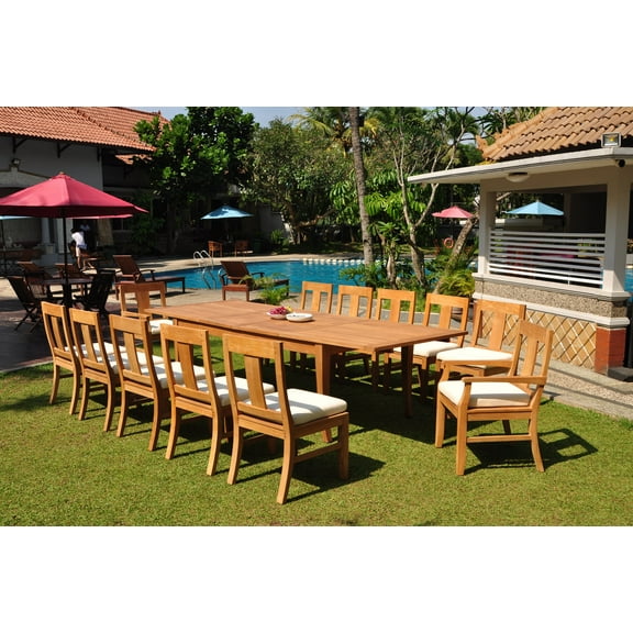 Grade-A Teak Dining Set: 12 Seater 13 Pc: 122" Atnas Double Extension Rectangle Table And 12 Osborne Chairs (2 Arm & 10 Armless Chairs) WholesaleTeak #WMDSWVm