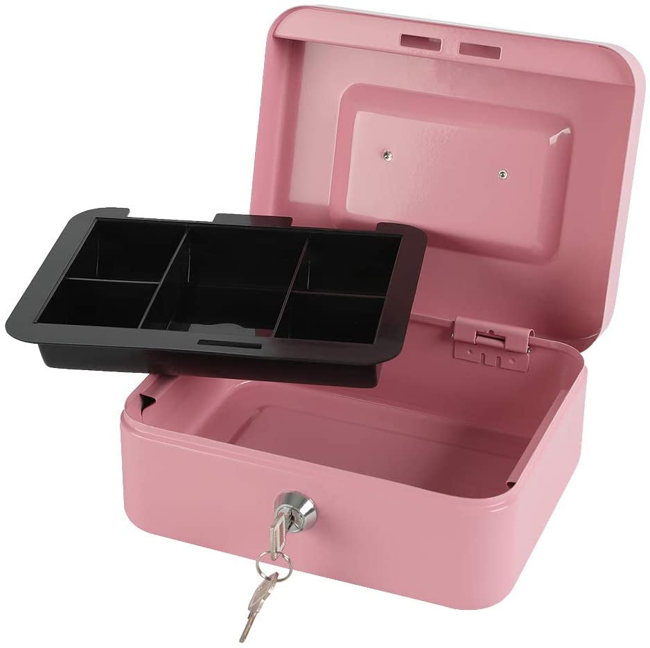 Locking Steel Medium Cash Box with Removable Coin Tray and Key Lock,7.87"x 6.30"x 3.54",White