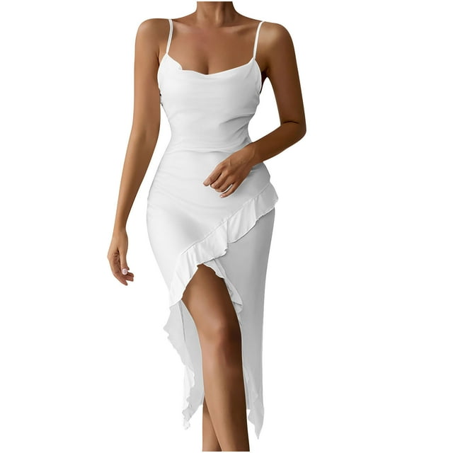 Htigea Robe Maxi Asymétrique Femme Satin Bretelles Spaghetti Ourlet à Volants Asymétrique Robes de Bal Élégantes Robes de Cocktail Soirée Blanc,m