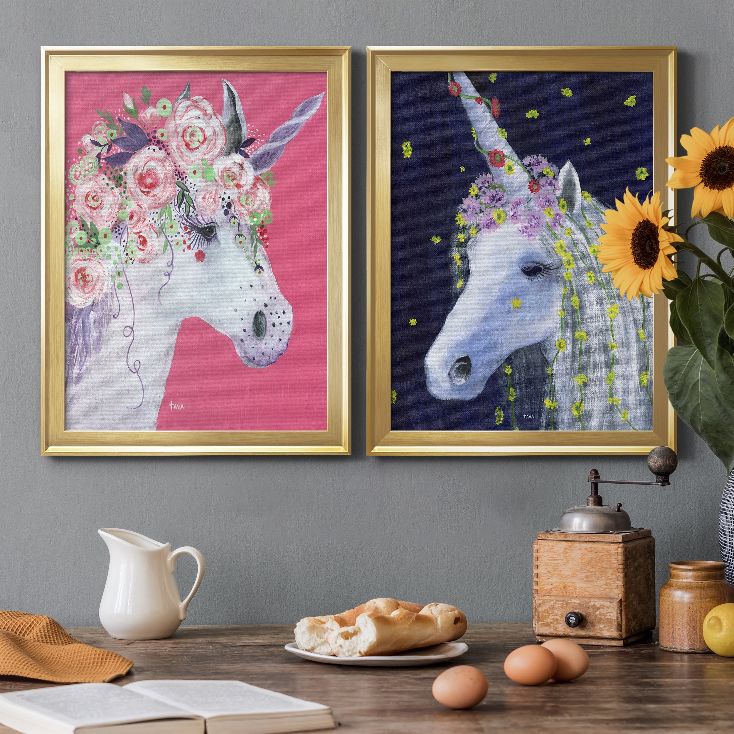 2 Piece Set Unicorn III Premium Framed Canvas - Ready to Hang - 18.5 x 24.5 Each - Gold Frame