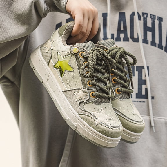 Men's Retro Star-Spangled Low-Top Sneakers - Beige & Lime Green PU Upper, Golden-Tone Star Accent Lace-Up Shoes with Cushioned PVC Sole - Casual & Dressy Versatile Retro 80s/90s Inspired Footwear