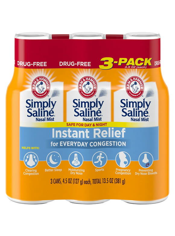 Arm & Hammer Simply Saline Nasal Mist Instant Relief for Everyday Congestion, 3 Pack Tray, 4.5 Oz