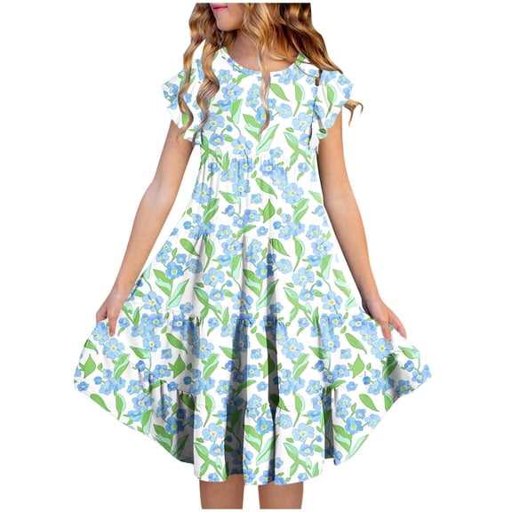Girls Floral Tiered Dress with Pockets Flutter Sleeve Casual Party Dress for Spring Summer Multicolor Sizes 4-13 Years,Size 6-7 T