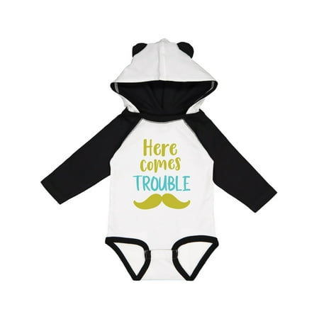 

Inktastic Here Comes Trouble Mustache Moustache Gift Baby Boy or Baby Girl Long Sleeve Bodysuit