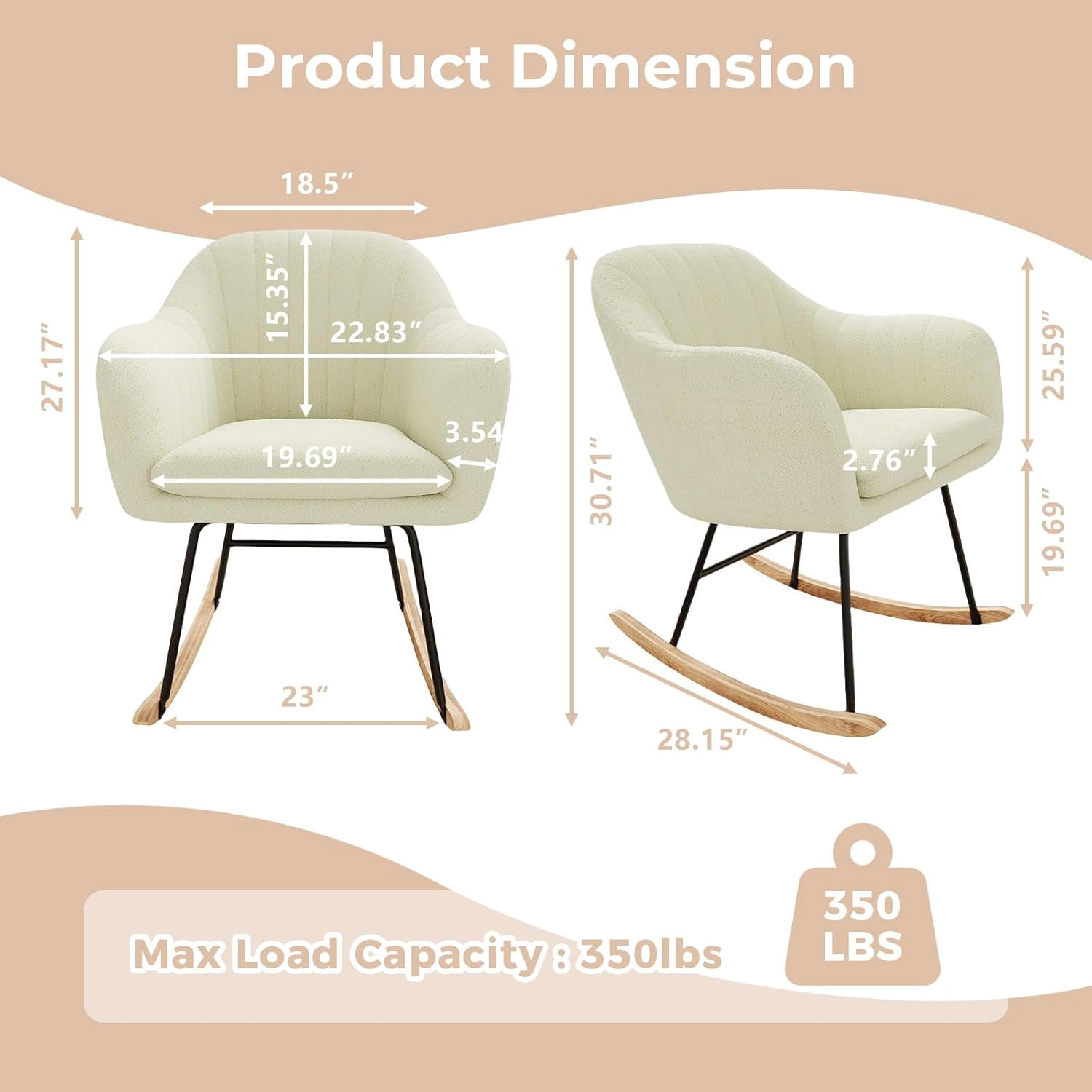 Plush Upholstered Rocking Chair – Soft Glider Nursery Chair with Premium Cushions, Sturdy Rubberwood Legs & Smooth Rocking Motion, Supports 330lbs – Cozy Accent Chair for Living Room, Bedroom & Baby N